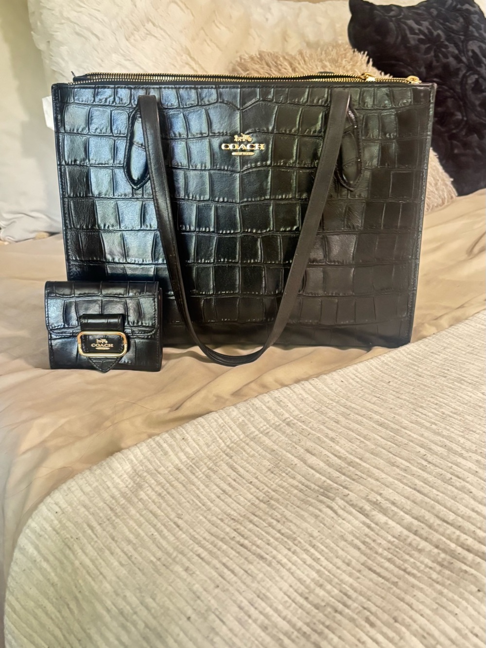 Coach Black Croc-Embossed Leather Tote with Matching Wallet
